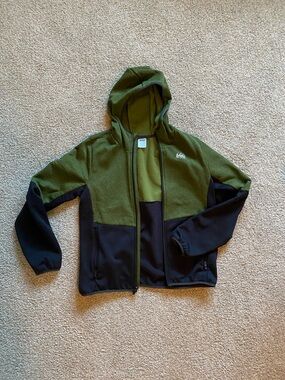 REI Kids Olive Green and Black Hooded Fleece Jacket